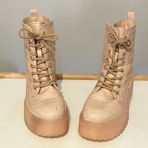 Women's Pink Lace-Up Combat Boots Platform Chunky